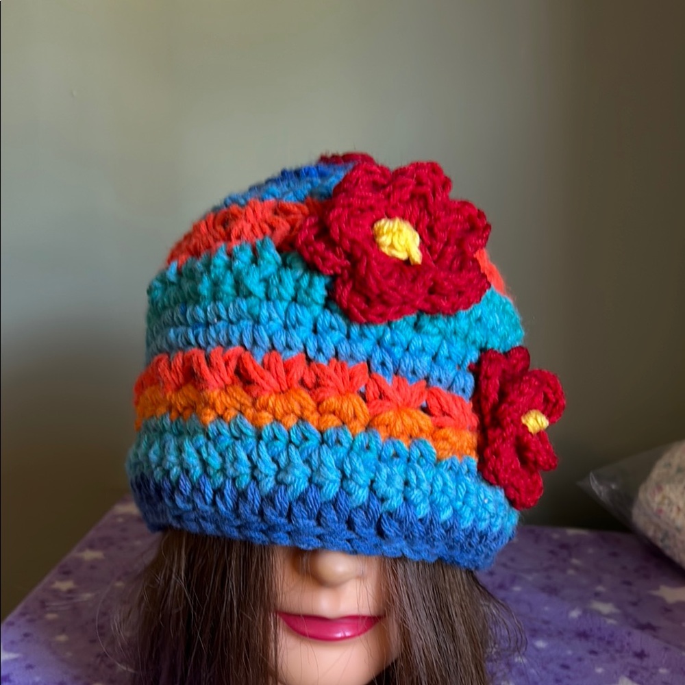 Handmade Colorful Crochet Beanie with heart Accent medium acrylic soft - Picture 9 of 11